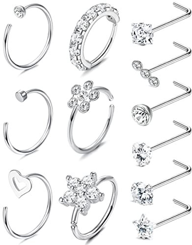 MILACOLATO 12Pcs 20G Nostril Piercing Ring Chirurgenstahl CZ Runder Stern Nasenstecker L Form 8mm Blume Offen Nasenpiercing Silver Helix Ohrpiercing Ring Septum Daith Piercing Schmuck Für Damen Herren