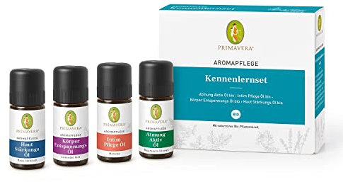 PRIMAVERA Aromapflege Kennenlernset 4 x 10 ml - Haut Stärkungs Öl bio, Atmung Aktiv Öl bio, Intim Pflege Öl bio, Körper Entspannungs Öl bio - Aromaöl, Massageöl, Aromatherapie, ätherische Öle – vegan