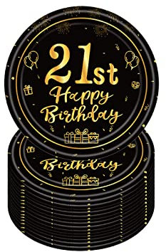 YAAVAAW Happy 21st Birthday Paper Plates 7''Black and Gold,16Pcs Disposable Tableware Party Plates,Happy 21st Birthday Decor Plate for Boys,Girls,Kids,Him,Her 21st Birthday Party Supplies Table Decor