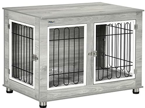 PawHut Dog Crate Furniture, Indoor Dog Kennel Side End Table with Soft Washable Cushion, Double Doors, for Medium and Large Breeds, 90 x 58 x 65 cm, Grey