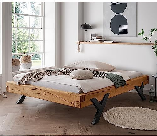 Lomadox Massivholz Doppelbett, 200x200 cm, Eiche massiv, ohne Kopfteil, Schwarze Beine in Y-Form, B/H/T ca. 2158/42/228 cm