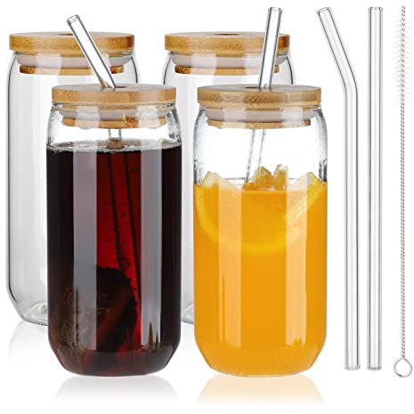 TITA-DONG 16OZ Wide Mouth Drinking Glasses with Straw Brush, 4 Pack Mason Jar with Wooden Lid and Straw, Reusable Boba Cups Travel Bottle for Large Pearl Juices Cocktail, Transparent(#1)