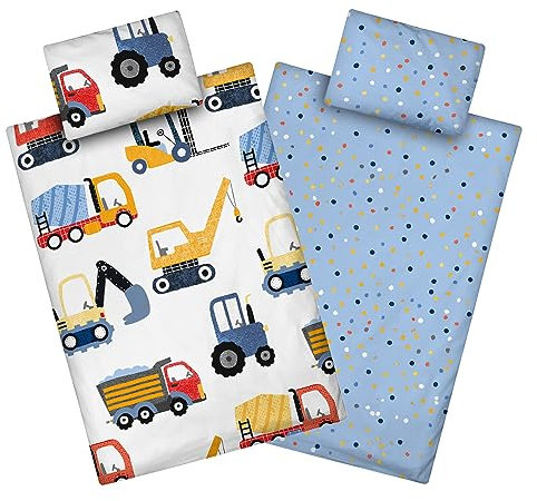 Aminata kids Kinderbettwäsche 100x135 Jungen Bagger Baustelle Baufahrzeuge Baumwolle mit YKK Reißverschluss Kinder-Wende-Bettwäsche-Set Auto-Motiv Baumaschinen Traktor Kran weiß blau