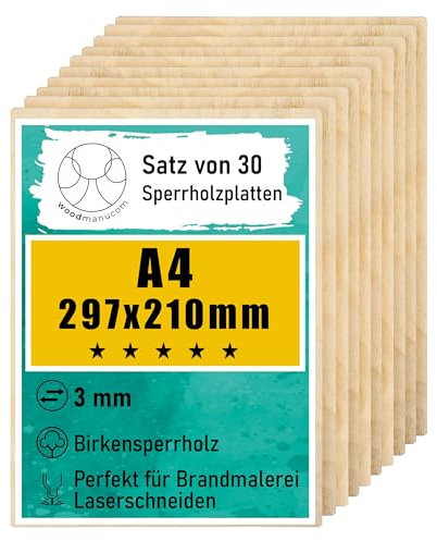 woodmanucom Sperrholzplatte 3mm 30x A4 210mm x 297mm Platten Aus Birkensperrholz Birkensperrholz Dünne Holz Zuschnitte Bastelholz Platte Sperrholz Holzplatte Laser Basteln Modellbau Holz Deko