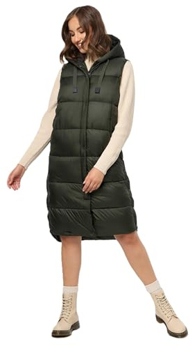 MARIKOO Damen Weste Steppweste lang gesteppte Übergangsweste Kapuze warm B967 [B967-Sayor-Dark-Olive-Gr.S]