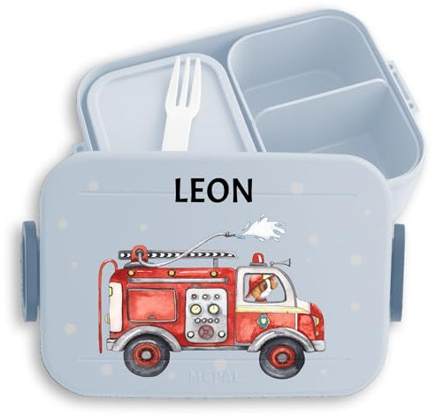 Kinder Bento Box Midi für Mepal Bentobox - Lunchbox Feuerwehrauto Brotbox Feuerwehr I 112 I Löschfahrzeug - 900 ml - Hellblau - personalisierte geschenke kind brotdose krippe junge feuerwehrmann