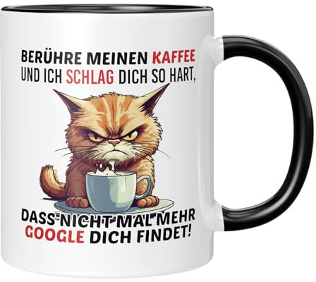 TassenTicker TASSENTICKER - Berühre meinen Kaffee und ich schlag dich so hart - Becher für die Arbeit - Büro - Job - Arbeitskollegen - Geschenk - launisch - Katze - Schwarz