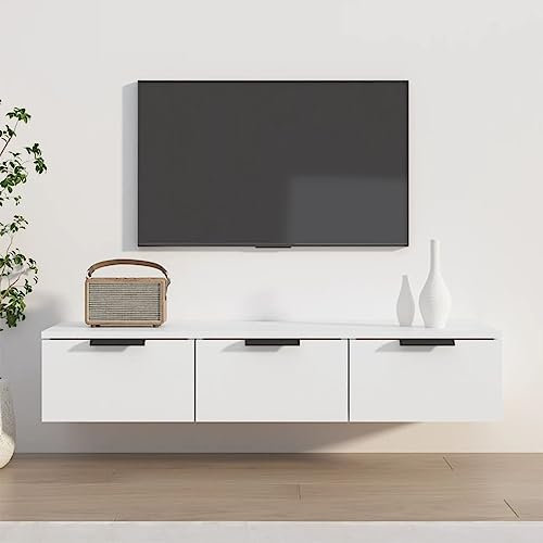 Homgoday Schwebender Wandschrank mit 3 Schubladen, Wandregale, Hängeschrank, TV-Schrank, Wandschrank für Wohnzimmer, Regal für Abstellräume, Sperrholz, Weiß, 102 x 30 x 20 cm