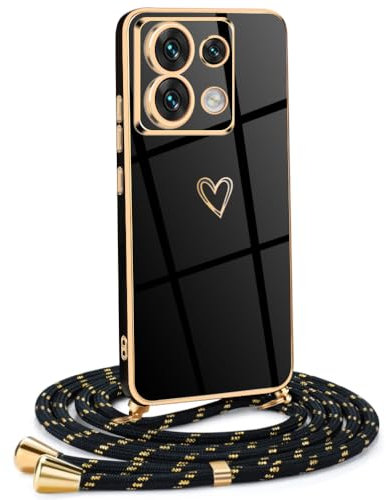 Mkej Coque pour Xiaomi Redmi Note 13 Pro 5G avec Cordon de Collier, Coque avec Cordon Motif Coeur d'amour TPU Housse, Collier RéglableTéléphone Portable Lanyard Case Xiaomi Redmi Note 13 Pro, Or Noir