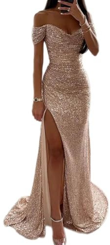 Tomwell Damen Pailletten Abendkleid Sexy Schulterfrei Hohe Taille Seitenschlitz Lang Kleid Maxikleid Elegant V-Ausschnitt Cocktailkleid Ballkleider A Aprikose XS