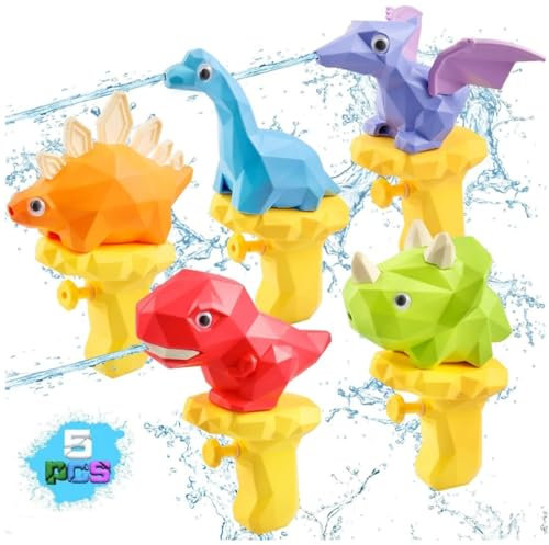 JoyJoyful Pistolet à Eau Puissant pour Enfants, 5pcs Dinosaure Jouet Jeux Piscine Enfant, Jouet Bain Bébé, Jouets D'éTé pour Garçons et Filles à La Plage, à La Piscine, au Bain(Portée 5 Mètres)