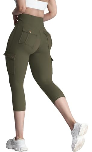 Nuofengkudu Capri Leggins Sportivi Donna Vita Alta 4 Tasche Elasticizzati Palestra 3/4 Cargo Leggings Leggeri Traspirante Comfort Fitness Estivi Moda Pilates Jogging Streetwear Verde Militare XL