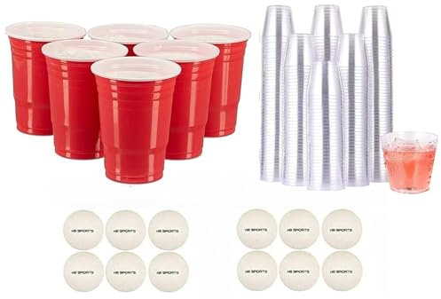 HOT BARGAINS 50 X Red Party Cups 12oz / 380ml + 12 X Ping Pong Balls + 50 X Shot Glasses 25ml Combo Deal for Party Games with American Red Cups Reusable Plastic for Gathering