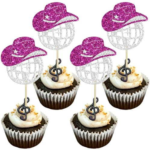 Gyufise 24Pcs Disco Ball Cowgirl Hat Cupcake Toppers Glitter Cowboy Hat Disco Balls Cupcake Picks for 1970s Disco Music Theme Wedding Bridal Shower Birthday Party Cake Decorations Supplies Rose Red