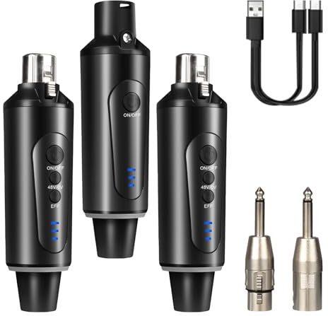 Depusheng Wireless Guitar Transmitter Receiver with 2 wireless microphone xlr transmitter and 1 receiver 48v phantom power and reverb switch, for dynamic and 48V condenser microphines, Audio Mixer