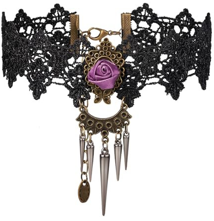 JewelryWe Gothic Choker Halskette Damen: Schwarz Sexy Spitze Halsband Lila Rose Spikes Pfeilspitze Quaste Anhänger Kette Punk Verstellbar Vampir Kragen Halskette für Halloween Karneval Cosplay Party