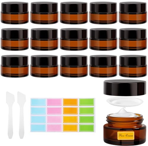 Vikcvcsc 15 Pièces Pots de Crème Vides Ambré 20ml, Contenant Cosmetique Vide avec 2 Grattoirs 16 Étiquette, Petits Pots en Verre pour Voyage, Contenant Voyage pour Cosmétiques, Crèmes, Lotions
