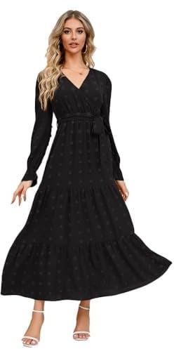 XFSRG Damen Kleid Langarm V-Ausschnitt Swiss Dot Laternenärmel Plissee Saum Elegant Swing Boho Cocktailkleid A-Linie Casual Partykleid Maxikleid Hohe Taille Festlich Party (Schwarz L)