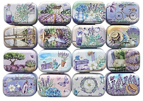 RSACCSKY 8Pcs Metal Hinged Tin Box Container Floral Farmhouse Rustic Mini Portable Small Storage Container Kit with Lid for Home Storage 2.1x1.5x1 Inch (Purple)