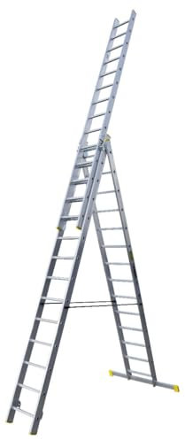 Bayersystem BS-DW 3x14 Mehrzweckleiter, 3x14 Sprossen, 3-teilige Alu-Kombileiter, bis 150 kg belastbar, max. Arbeitshöhe 9,20 m, Klappleiter, Multifunktionsleiter, Stehleiter, Silber/Gelb