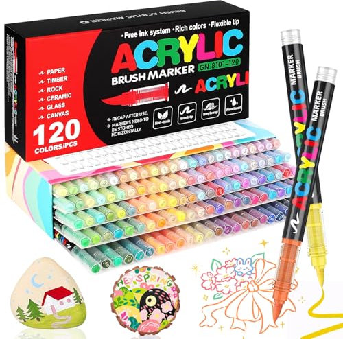 WOGOPRO 120 Farben Acrylstifte für Steine Wasserfest, 1-5mm Pinsel Acrylmarker, Acrylic Marker Set für Holz, Leinwand, Stein, Keramik, Glas, Stoff, Acrylstifte Paint Marker für Ostern und Weihnachten