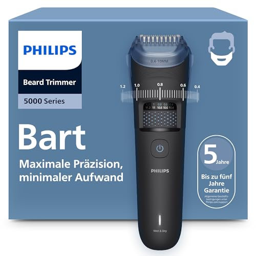 Philips Bartschneider 5000er-Serie – selbstschärfende Metallklingen, 40 Längeneinstellungen, BeardSense-Technologie, Haarkollektor, 100% wasserdicht, Reiseetui, Modell BT5765/15
