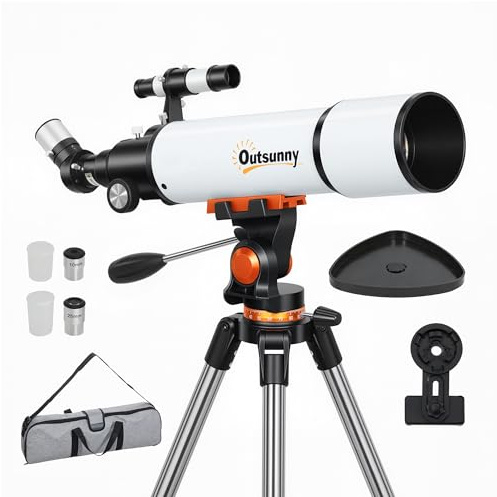 Outsunny Astronomisches Teleskop 80mm Öffnung/500mm 40X/16X Schwarz/Weiß | Tragbares Refraktor-Teleskop mit Telefonadapter, Tasche, höhenverstellbarem Stativ