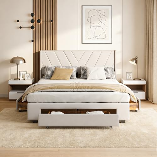 Lit Double 160x200 avec 3 Tiroirs en Bois Massif, Cadre de Lit Rembourré en Lin avec Sommier à Lattes, Tête de Lit Géométrique Moderne pour Chambre Adulte, Stable et Montage Facile, Beige