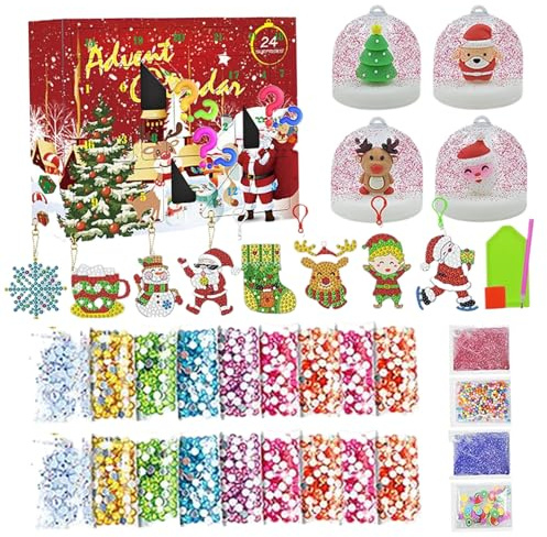 Adventskalender 2024, 24-tägiger Weihnachts-Countdown-Adventskalender, inklusive Schlüsselanhänger mit Kristallmalerei und nicht zusammengebauter Schneekugel, DIY-freundliche Weihnachtsdekoratio