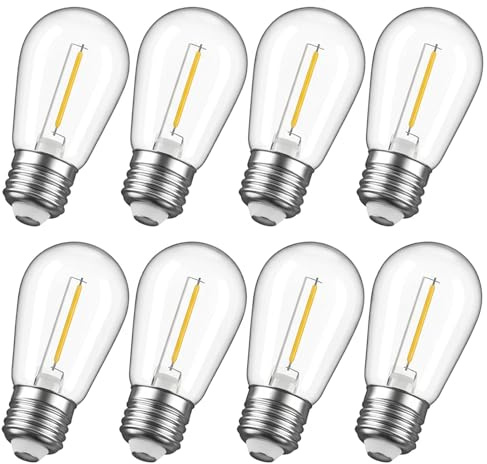 S14 LED Replacement Bulbs 8 Pack, 1W E27 Festoon Bulbs, 2700K Warm White | 220-240V Mains Powered, Shatter-Resistant PC Plastic, Non-Dimmable, Outdoor Use, Not for Solar, Battery, 12V or 24V