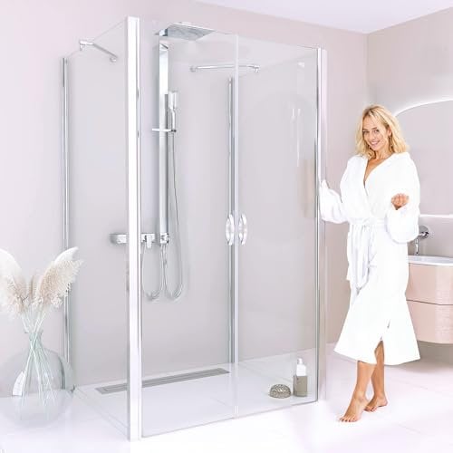 BIJON Duschkabine U Form 120x100 Dreiseitig Klarglas, Dusche Uform Duschkabine 120x100x195 cm - Nano, Lotuseffekt, Duschkabine 3 Seitig mit Pendeltür, Duschabtrennung ECHT-Glas