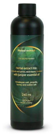 Sedum Natural Herbal Extract for Sauna, Massage, Broom Soaking - Herbal Sauna Extract Mix (Pine Buds and spines, salvia Leaves, Cinnamon) with Juniper Essential Oil, Honey and Iodine Salt - 240ml