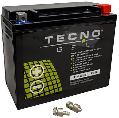 TECNO-GEL Motorrad-Batterie für YTX20L-BS für CAN-AM Outlander 400/450/500/570/650/800/1000 2010-2018, 12V Gel-Batterie 20Ah (DIN 82000), 175x87x155 mm