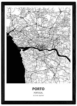 Nacnic Poster mit Karte von Porto - Portugal. Blätter Städte in Spanien mit Meeren und Flüssen in schwarzer Farbe. A4-Format