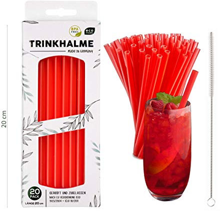 Pailles réutilisables de haute qualité, 20 pièces, 20 cm, rouge, fabriquées en ALLEMAGNE, en plastique, lavables au lave-vaisselle avec brosse de nettoyage, idéales aussi pour les enfants (rouge, 20)