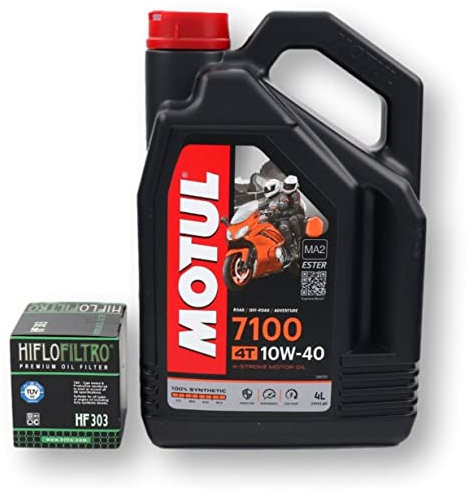 RVM KIT Aceite 7100 10W40 Moto 4T + Filtro De Aceite Modelo HF 303 Para Motos Yamaha, Honda Y Kawasaki. Aceite Sintético En Envase De 4 Litros