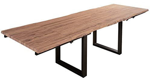 SAM Baumkantentisch 180 (280) x 90 cm Barcelona, Akazienholz massiv & stonefarben, Esstisch inkl. 2 Ansteckplatten 50 x 90 cm, echte Baumkante, U-Metallgestell in Schwarz