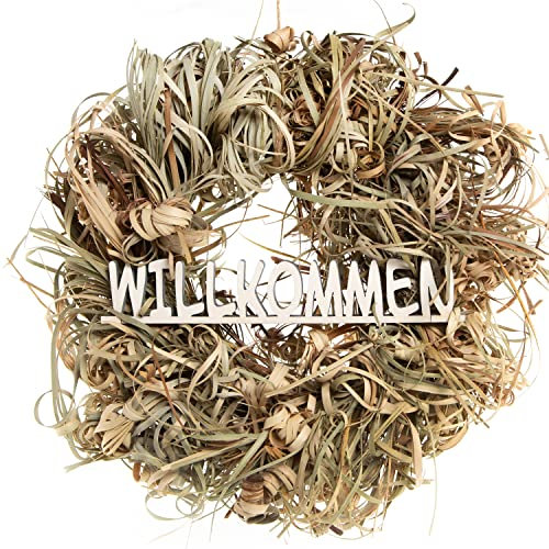Logbuch-Verlag Türkranz aus getrockneten Gräsern mit Holz-Schriftzug WILLKOMMEN - Willkommsschild Kranz Haustür 30 cm