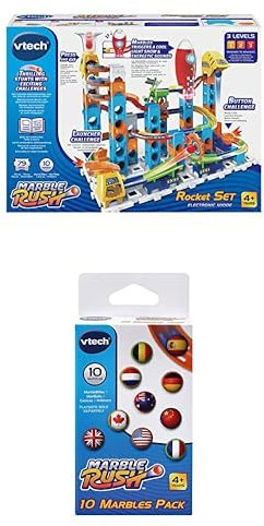 VTech Marble Rush - Rocket Set M100 E & Marble Rush - 10er-Set MarBalls – Zusätzliche Kugeln für alle Marble Rush Murmelbahnen – Mit Länderflaggen – Für Kinder von 4-12 Jahren