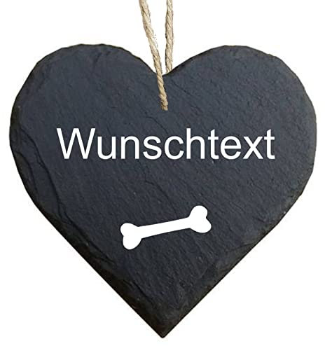 homeyourself - Schieferherz Schiefer Schild personalisiert mit Druck/Wunschtext - Knochen Hund Körbchen - dein Text - individualisiert