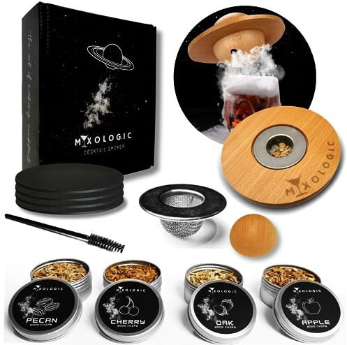 MIXOLOGIC Cocktail Smoker Kit with 4 Types of Wood Chips, Brush and 4 Glass Covers, Old Fashioned Cocktail Kit, Whisky Smoker for Drinks, Whiskey Smoke Infuser, Mens Gifts for Boyfriends Dad Husband