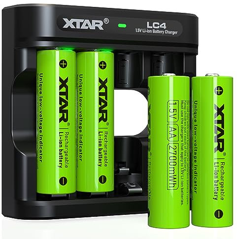 XTAR 1,5V AA Akku, Lithium AA Wiederaufladbarer Akku 2700mWh 1,5V Konstanter Ausgang mit aufladegerät (4pcs-1.5V AA + LC4 Ladegerät)
