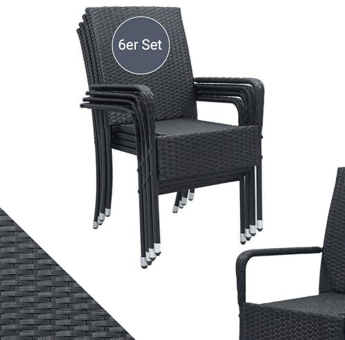 Juskys Ensemble de 6 chaises de Jardin Yoro en rotin avec accoudoirs et Dossier - 6 chaises empilables - Chaise de Jardin en rotin - Chaise empilable Noir