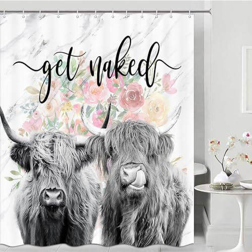 Romantic Angels Highland Cow Duschvorhang, 152,4 x 183,9 cm, Western-Duschvorhänge, Landhausstil, rustikal, lustig, niedlich, Hochlandkuh, Badezimmer-Dekor (Blume)