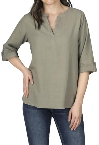 DENIMFY Leinenbluse Damen Sommer leicht Regular Fit DFSara Leinen Bluse 3/4 Arm V-Ausschnitt Blusenshirt Oberteile Einfarbig Grün XL, Größe:XL, Farben:Washed Olive
