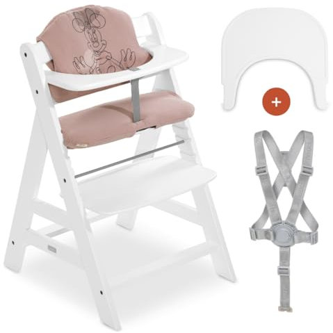 hauck Hochstuhl Alpha+ mit Tablett Click Tray und Sitzpolster - Mitwachsender Babystuhl aus Holz, Kinderhochstuhl ab 6 Monate, verstellbar - Weiß | Minnie Mouse