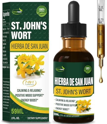 Verdeherb St John's Wort Herb (Hierba de San Juan) Drops for Mood Support, Calming & Relaxing, Energy Boost Supplement with Hypericum Perforatum Chamomile Ginseng Extract. Suplemento para Estres. 2oz