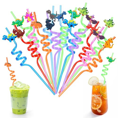 16Pcs Washable Twisty Plastic Novelty Straws, Beach Colourful Silly Straws, Cartoon Reusable Curly Straws, Assorted Colours BPA-Free Crazy Dinosaur Party Straws for Kids Adults Cocktails