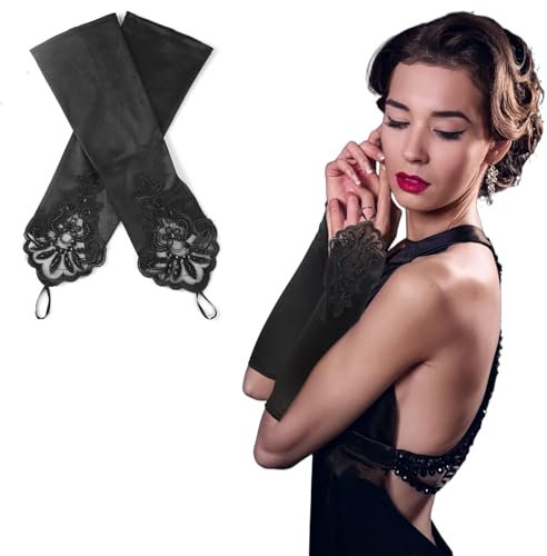 Schwarze Fingerlose Lange Handschuh, Damen Satin Handschuhe, 1920er Classic Opernhandschuhe, Cosplay-Handschuhe, Abendhandschuhe, Handschuhe für Party-Hochzeits-Festival, Ellenbogen Lange
