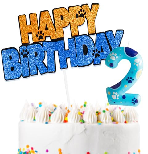 Paw Dog Thema Kuchen Deko mit Happy Birthday Tortendeko und Geburtstagskerzen Zahl 2 für 2.Geburtstag Mädchen Junge Kinder Geburtstagsfeier